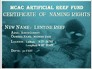 The LENTINE REEF Naming Rights Certificate